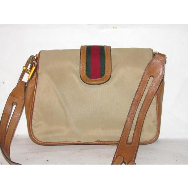 Gucci Tan & Brown Leather Jackie Satchel w Red & Green Sherry Stripe