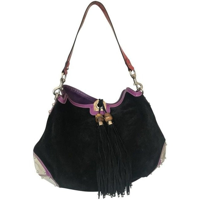 Gucci Black W Purple & Red Suede And Leather Indy Xl Hobo Bucket Bag
