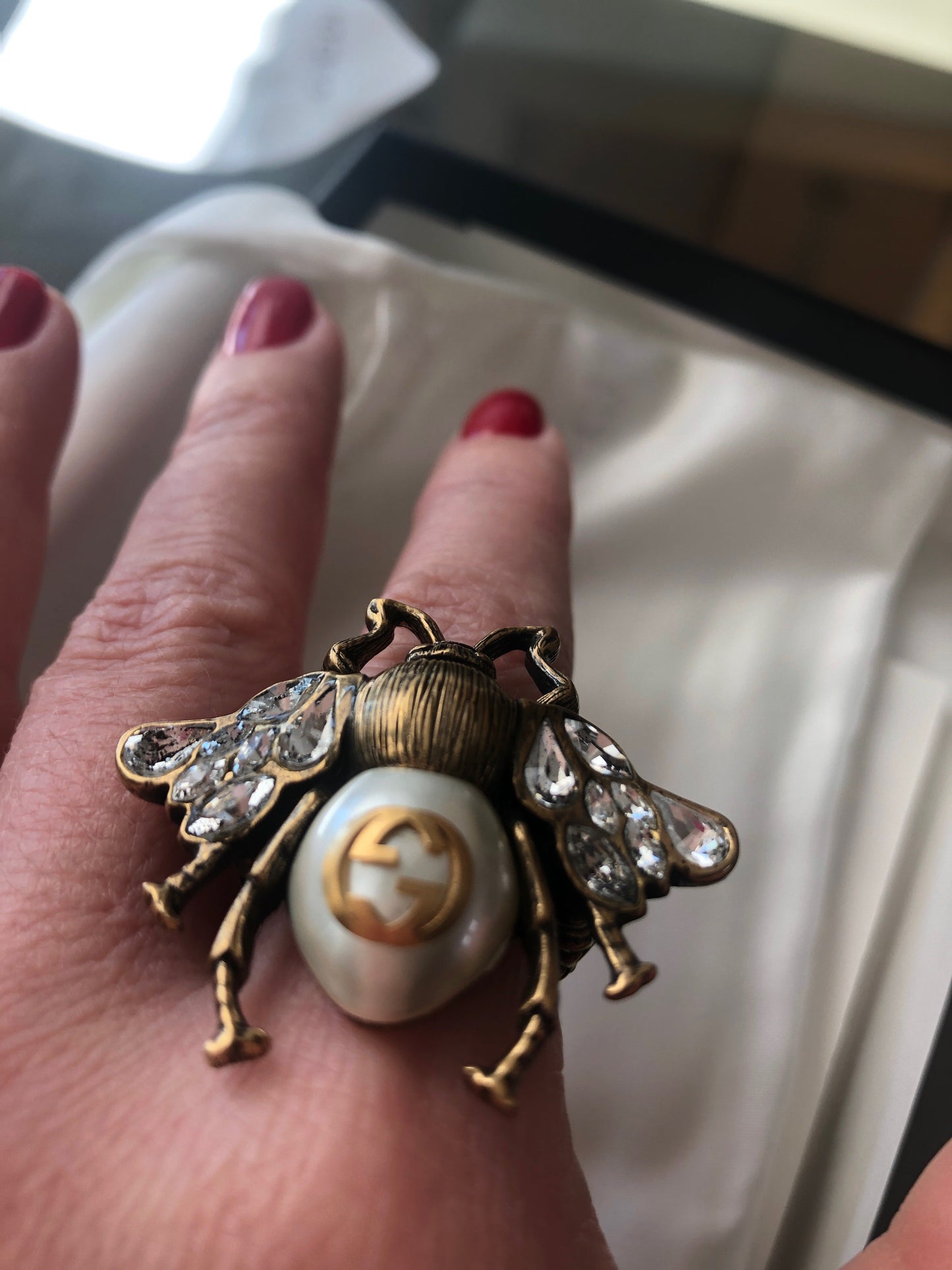 Gucci Bee Ring in Antique Gold with Crystals and Pearl