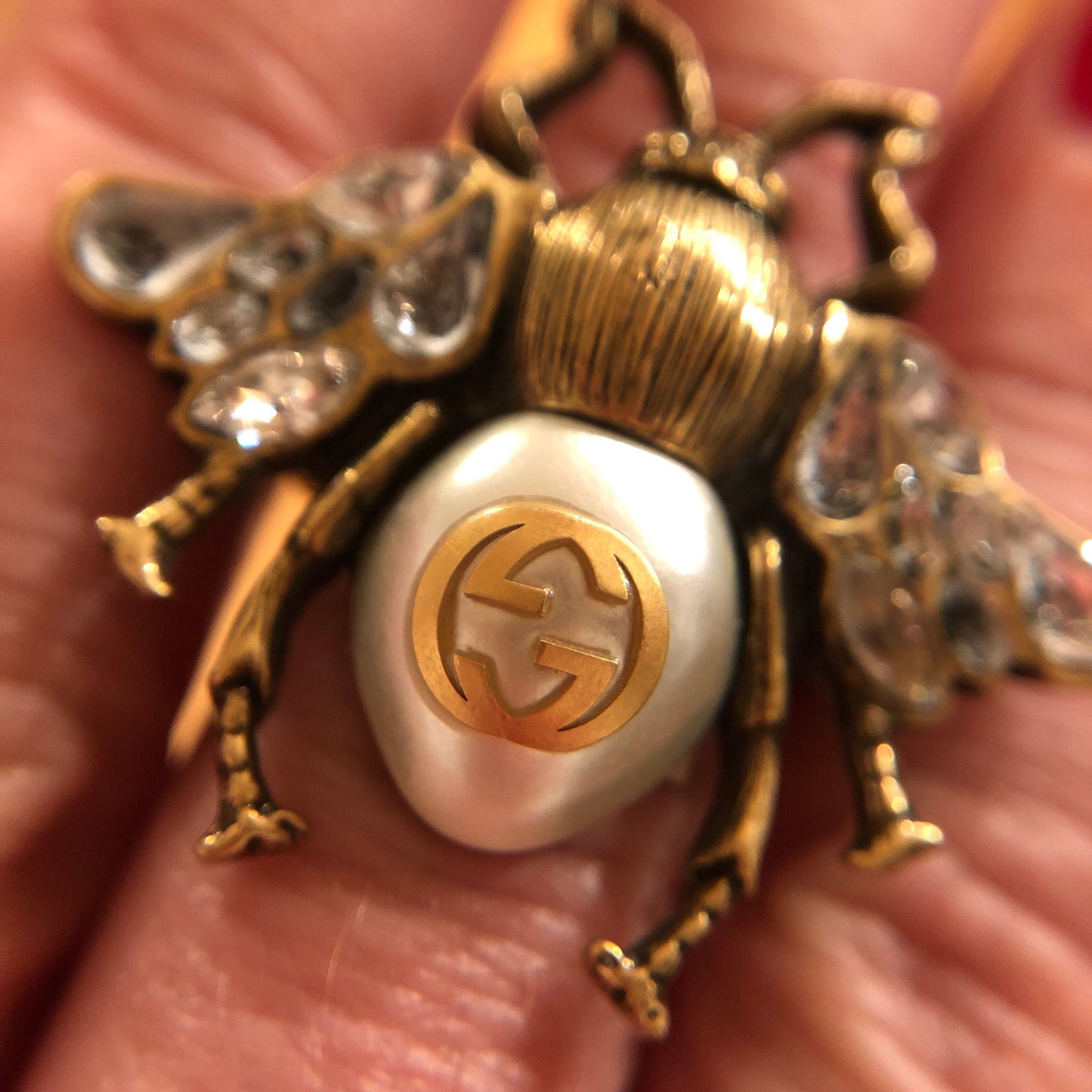 Gucci Bee Ring in Antique Gold with Crystals and Pearl