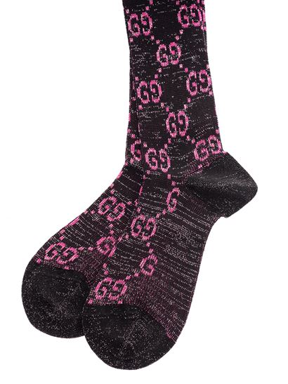 Gucci GG Socks in Black with Pink Lamé GG