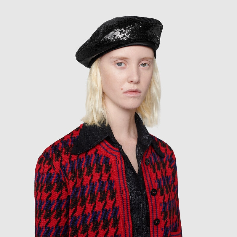 Gucci GG Sequin Beret with Bow in Black