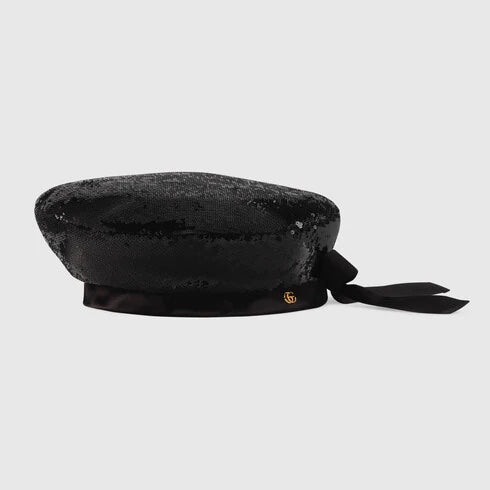 Gucci GG Sequin Beret with Bow in Black