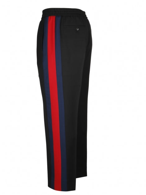 Gucci Wool Track Pants in Black with Blue and Red Side Stripe