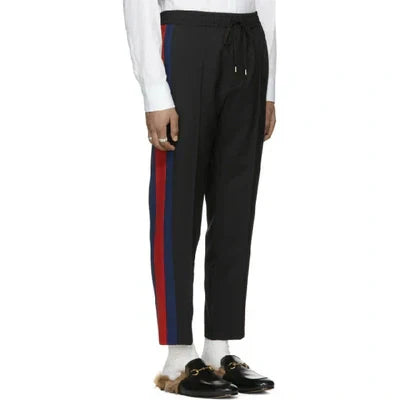 Gucci Wool Track Pants in Black with Blue and Red Side Stripe