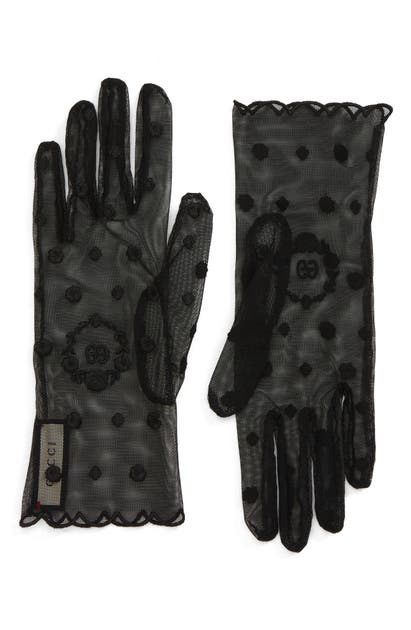 Gucci GG Laurel Embroidered Tulle Gloves in Black