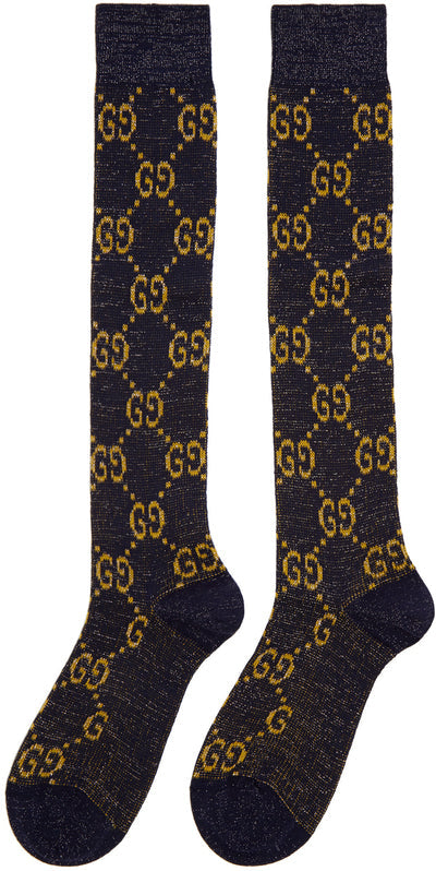 Gucci GG Socks in Blue with Gold Lamé GG