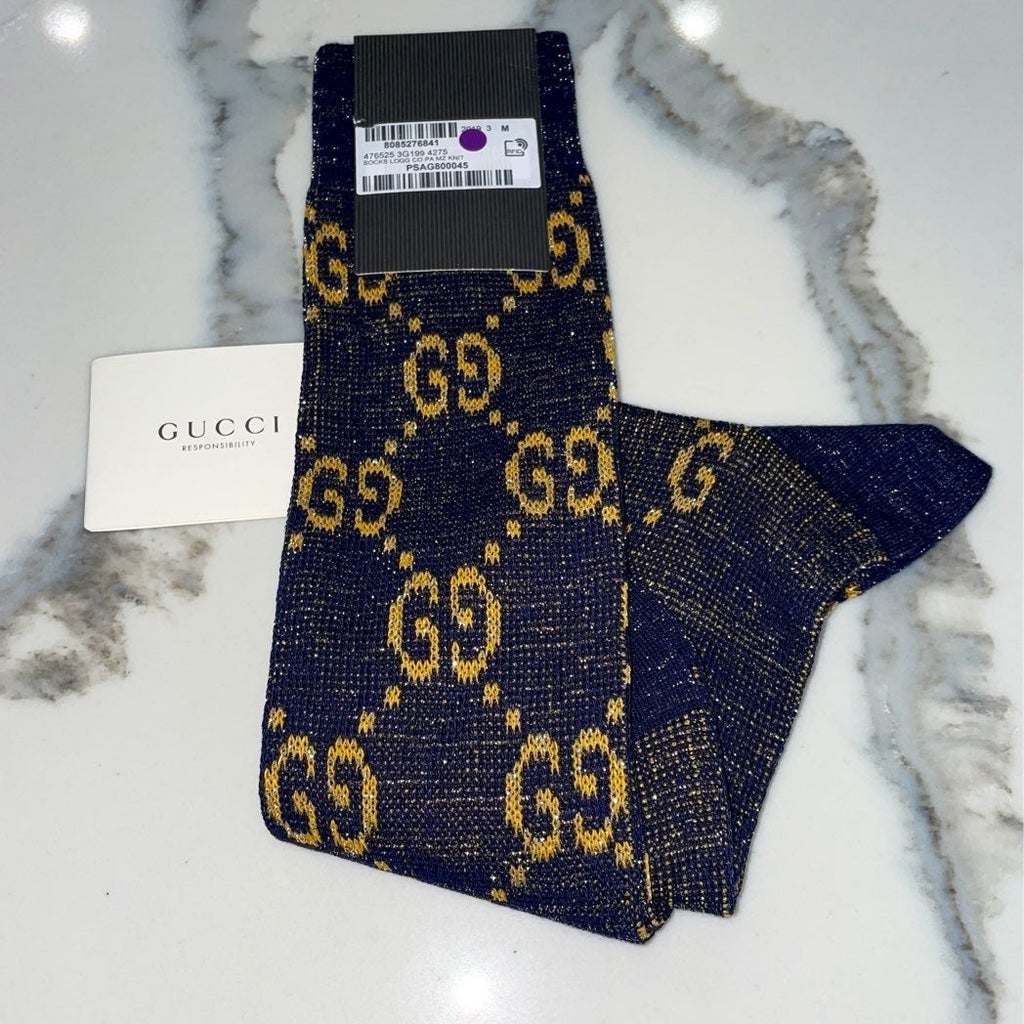 Gucci GG Socks in Blue with Gold Lamé GG