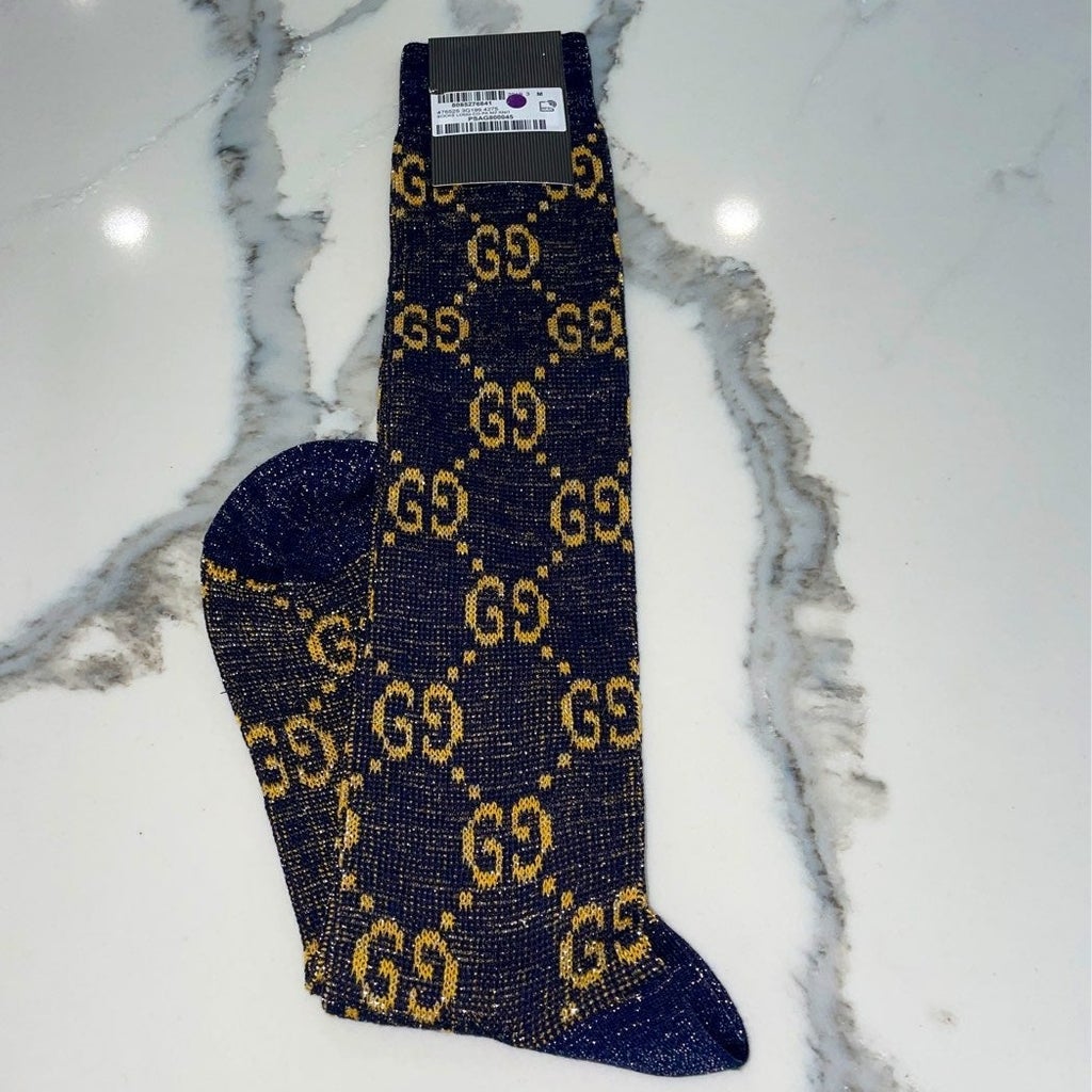 Gucci GG Socks in Blue with Gold Lamé GG