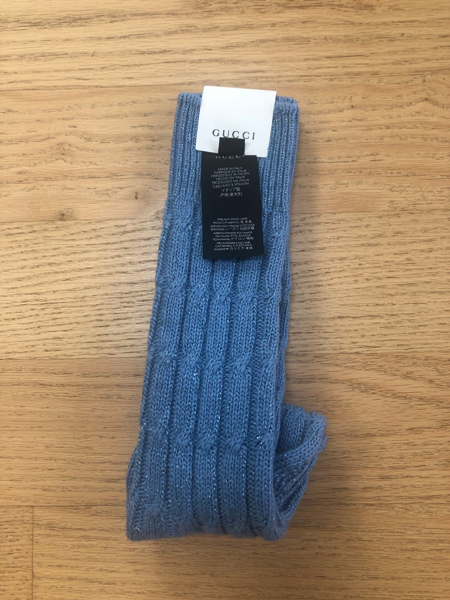 Gucci Cable Knit Threaded Socks with Blue Lamé