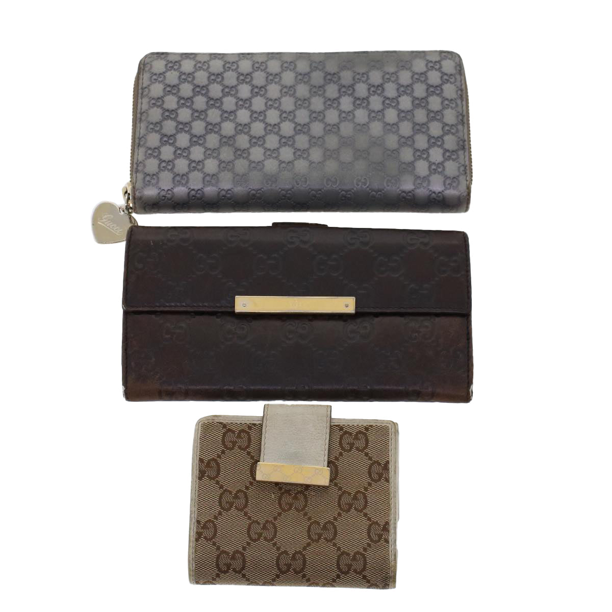 Gucci GG Canvas Long Wallet Leather 3Set Brown Beige Silver  bs6283