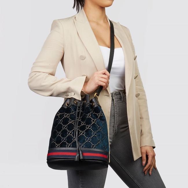 Gucci Ophidia GG Velvet Bucket Bag in Navy with Web