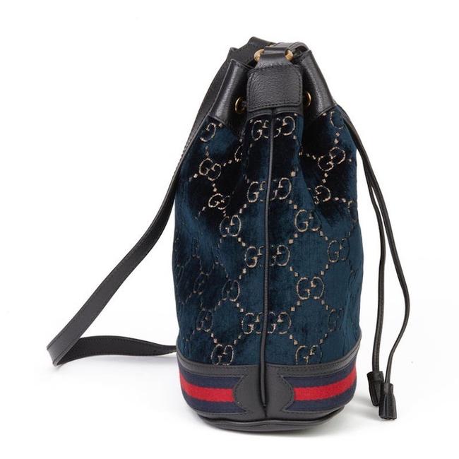 Gucci Ophidia GG Velvet Bucket Bag in Navy with Web