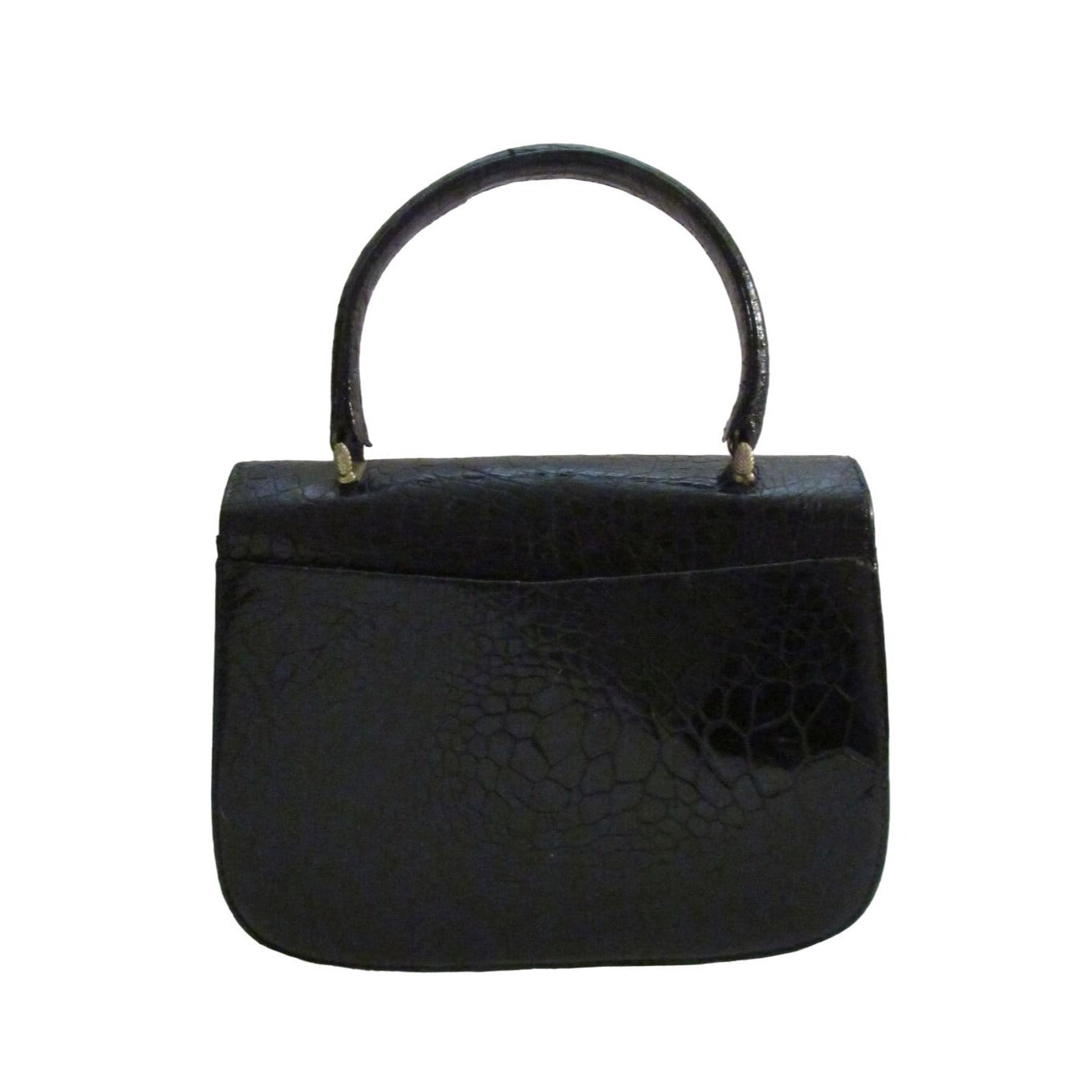 Giorgio GUCCI, Bamboo 1947 style, dark navy crocodile leather, top handle purse with sterling hardware, a boxy, structured shape, & an envelope style top
