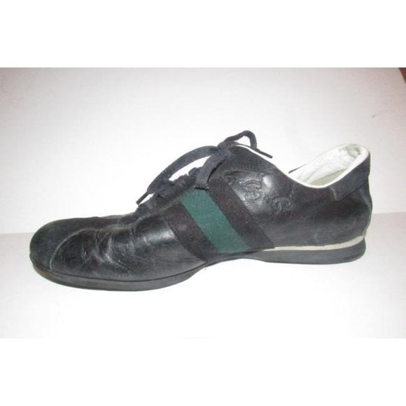 Gucci Navy Leather G Logo Green Stripe Guccissima