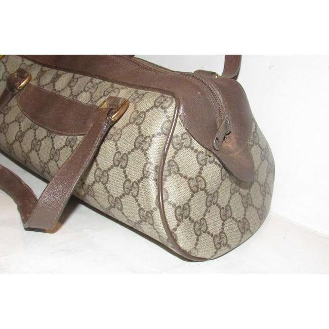 Gucci Vintage Purses Brown Large G Logo Print Coated Canvas And Brown Leather Satchel