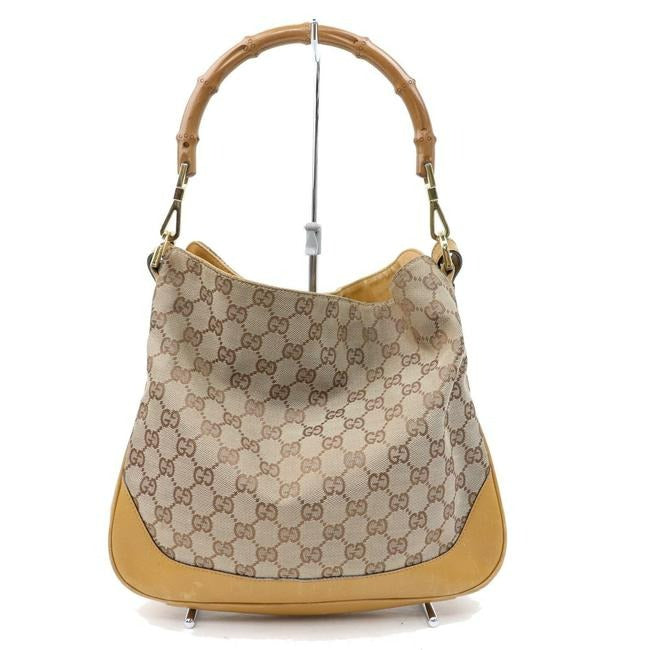 Gucci W Sarah Flip Top Two Handle Gold Striped Brown Gredcamel Strap Leather And Canvas With Bamboo