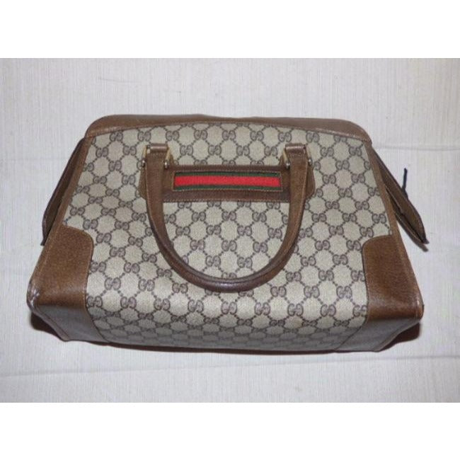Gucci Large Logo Print Satcheldesigner Purses Shades Of Brown With Red And Green Coated Canvas And L