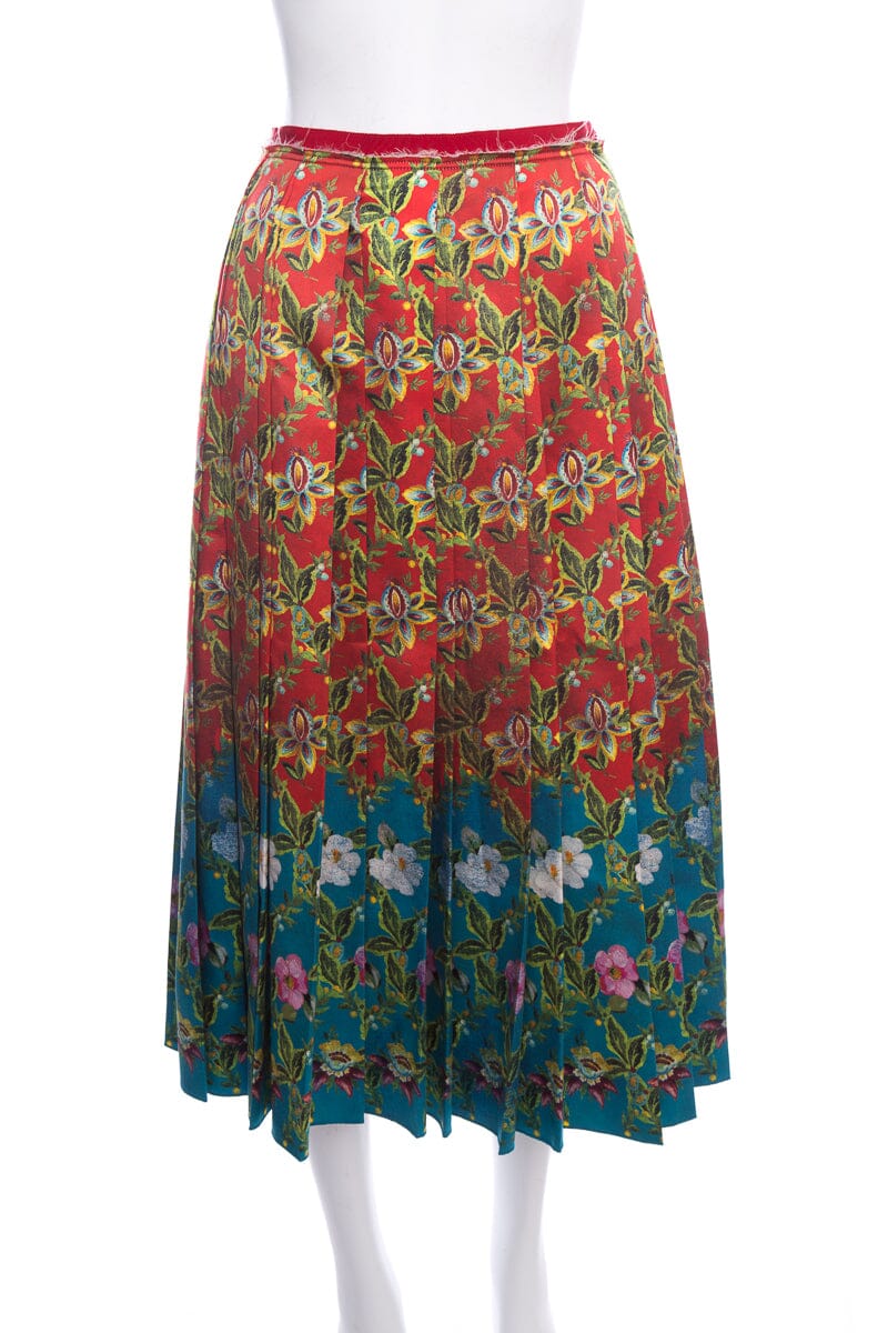 Gucci Green & Red Floral Accordion Pleated Silk Skirt SZ 38