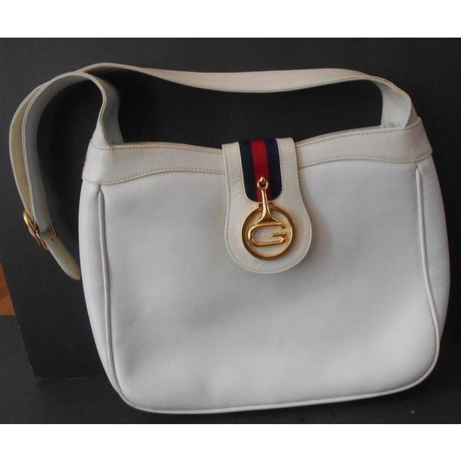 Gucci Vintage White Leather With Red And Blue Striped Accent And Large Gold G