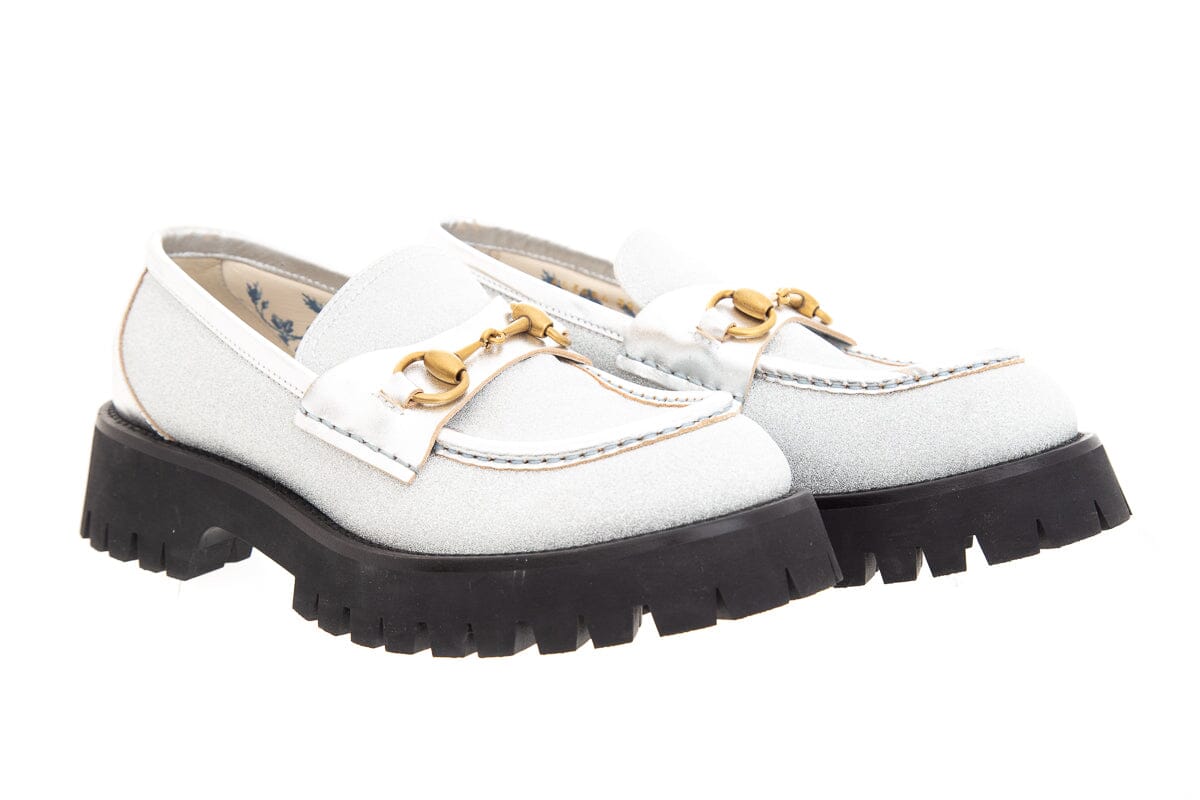 Gucci Silver Glitter Horsebit Platform Loafers SZ 39