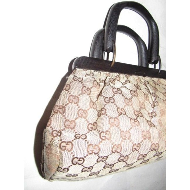 Gucci W Guccissima Canvasleather Top Handle Frame Brown G Logo Printwood Leathercanvaswood Satchel