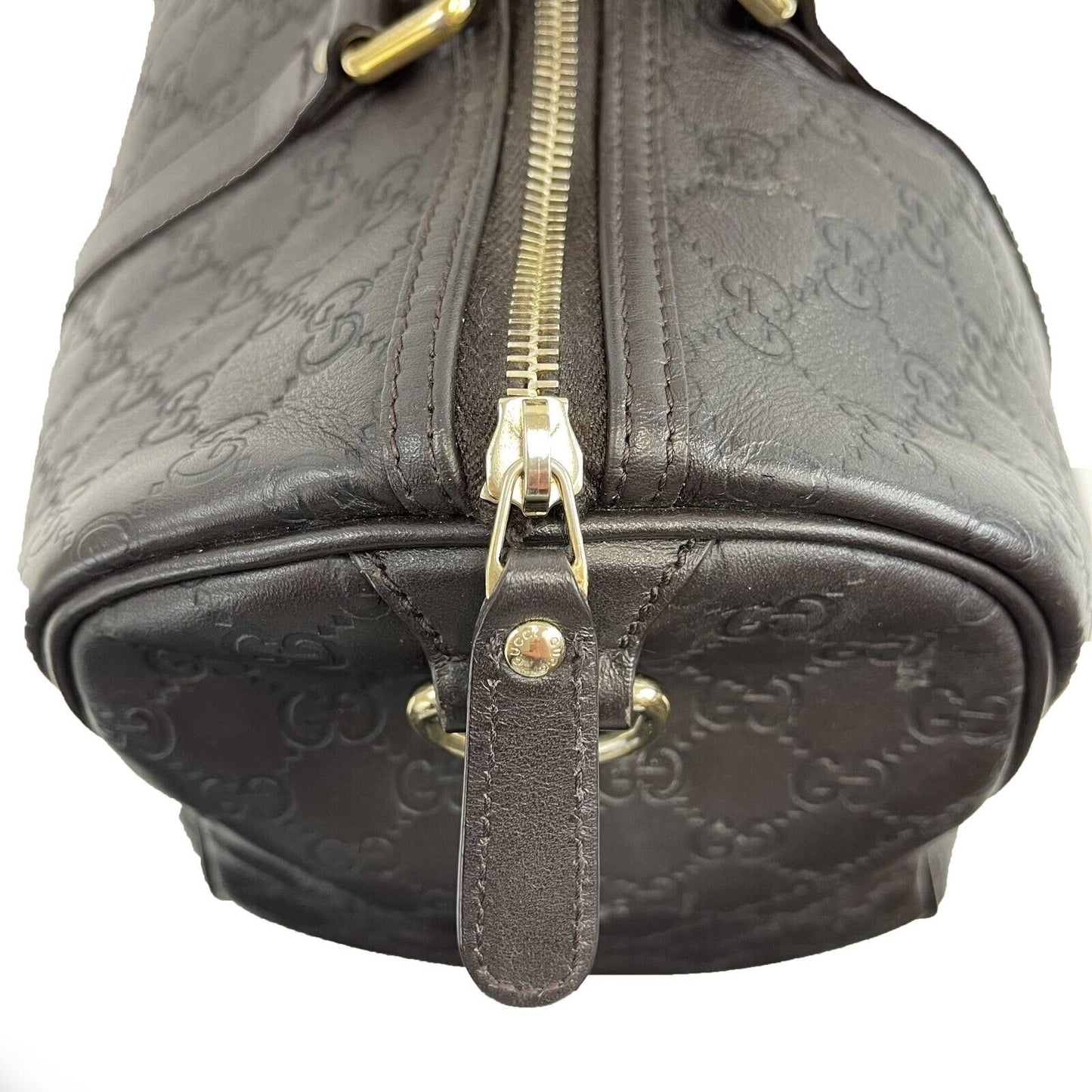 GUCCI - Embossed Leather Monogram Speedy Medium Brown Top Handle Bag