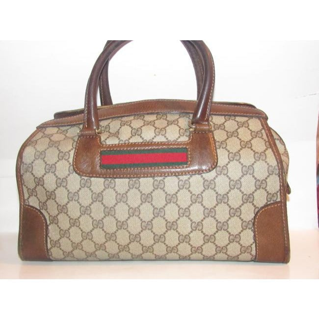 Gucci Xl W Guccissima Print Canvasleather Stripe Brown Coated Canvas And Leather Satchel