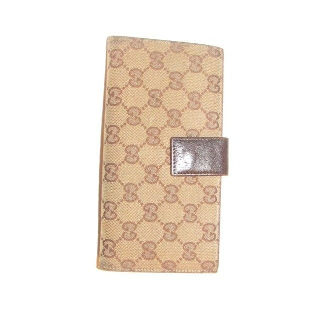 Gucci Brown Large G Logo Print Canvas And Brown Leather Vintage Wallet