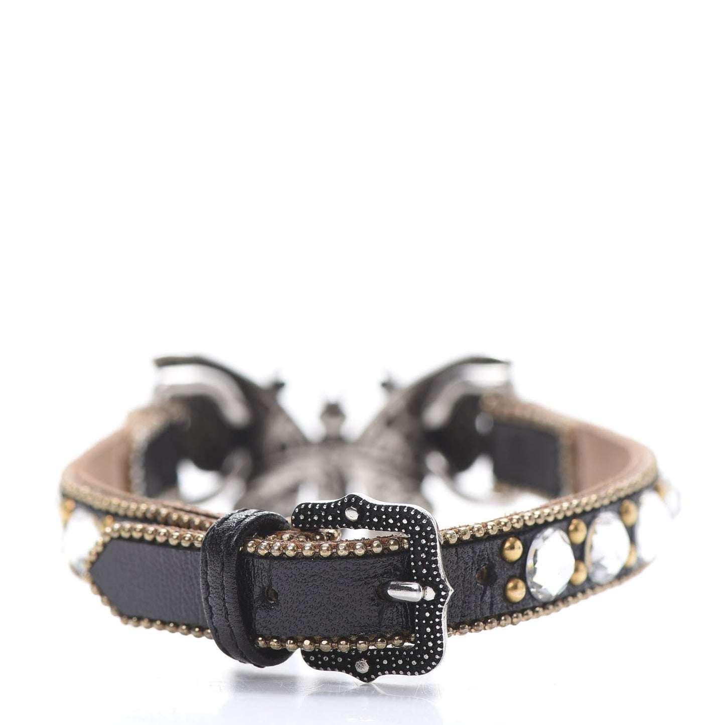 Gucci Crystal Butterfly Leather Cuff Bracelet in Black