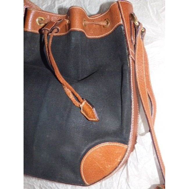 Gucci Black Linen And Camel Leather Bucket Bag With Equestrian Strap