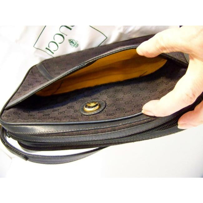 Gucci Vintage Black Canvas With Small G Logo Print And Black Leather