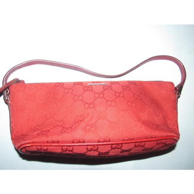 Gucci Pouchette Red Large G Logo Print Canvas And Leather Hobo Bag