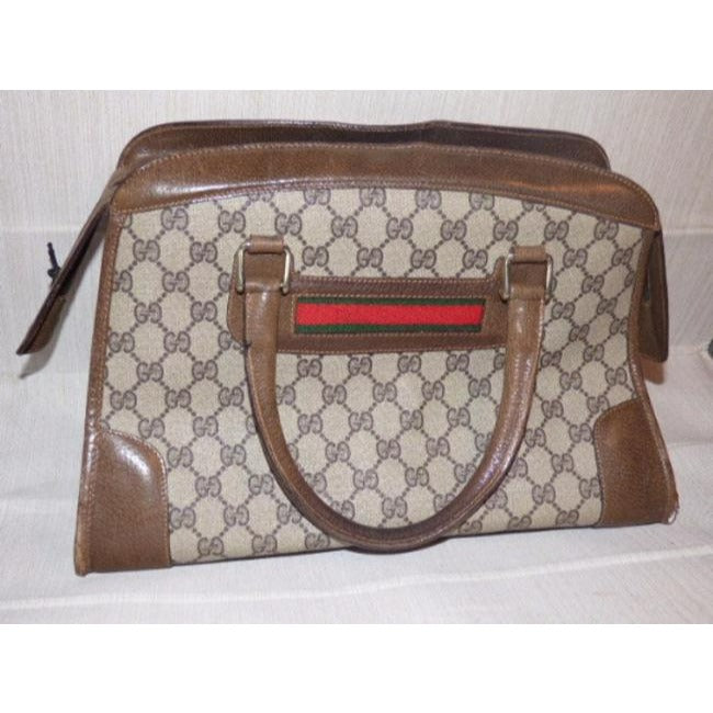 Gucci Large Logo Print Satcheldesigner Purses Shades Of Brown With Red And Green Coated Canvas And L