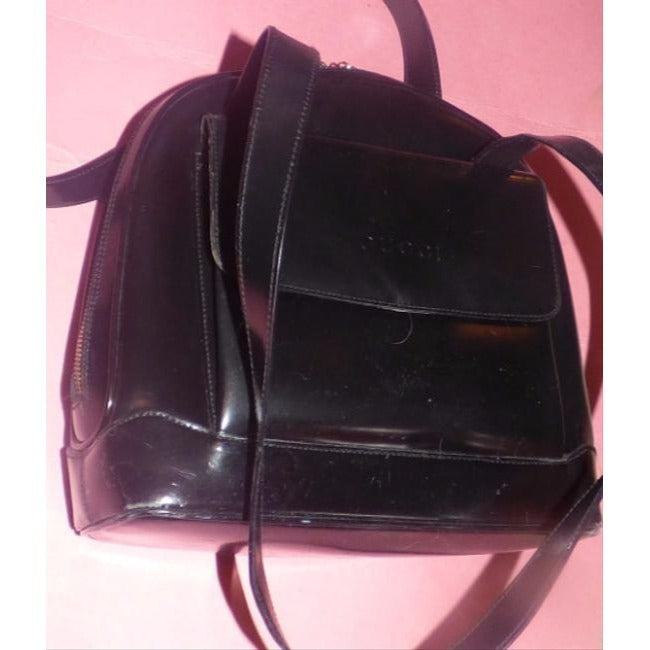 Gucci Bamboo Diana Top Handle Bag Dual Zip Two Strap Rounded Black Patent Leather Satchel