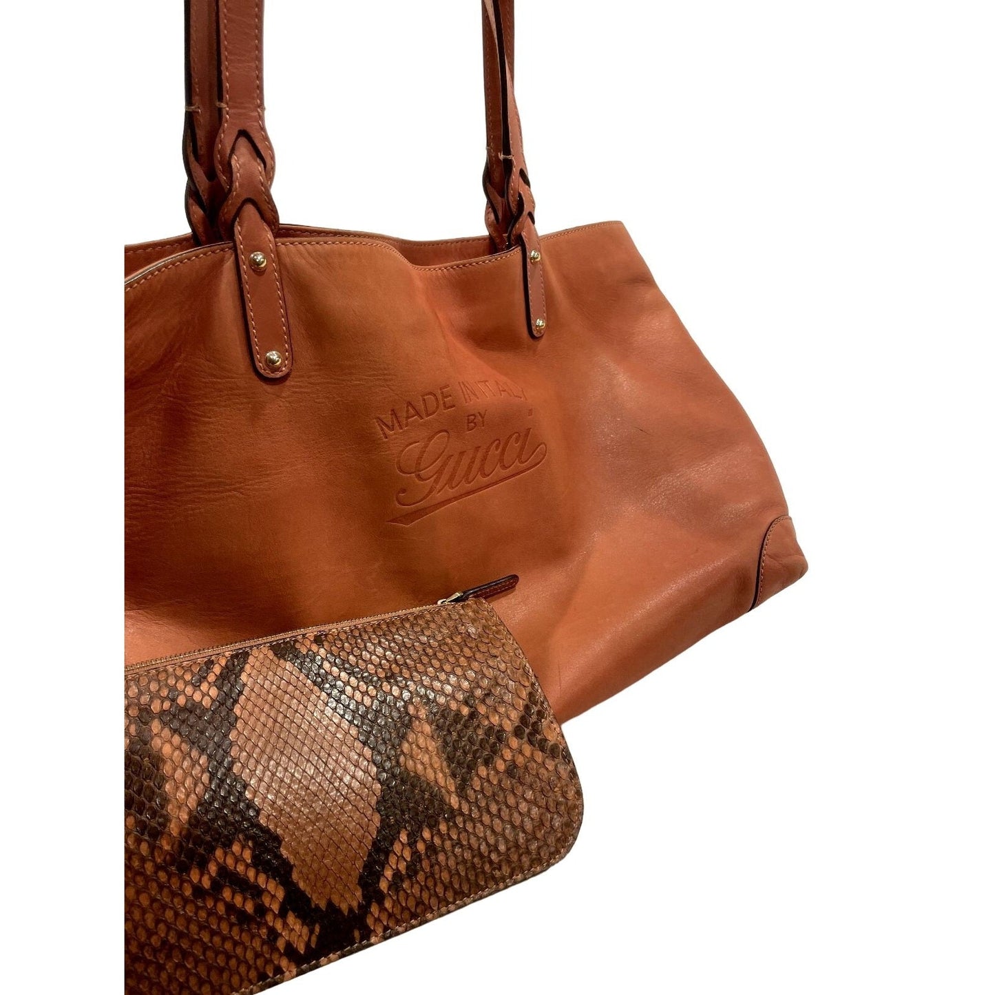 Gucci caramel leather craft XL tote with a python wallet, braided handles, & 'Made in Italy by Gucci' embossed on the front