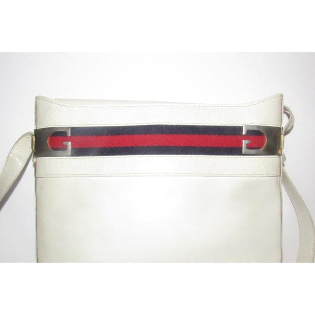Gucci White Hard Boxy Leather Bucket Bag w red/blue stripe