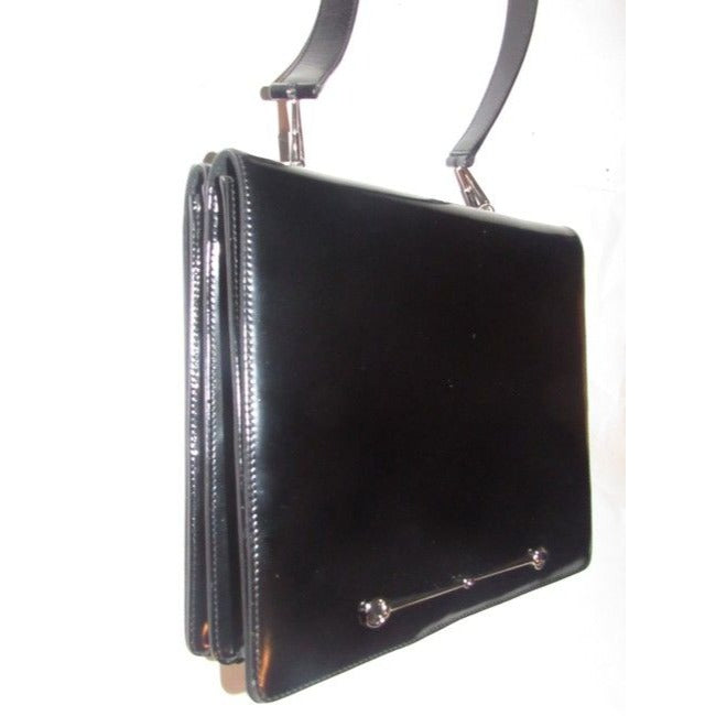 Gucci Vintage Pursesdesigner Purses Black Glossy Leather With Large Horse Bit Accent Satchel