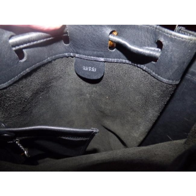 Gucci Black Leather Bucket Bag W Drawstring Top & an Attached Wallet