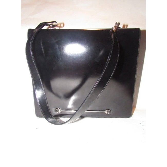 Gucci Vintage Pursesdesigner Purses Black Glossy Leather With Large Horse Bit Accent Satchel