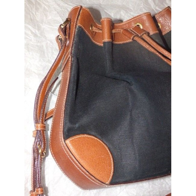 Gucci Black Linen And Camel Leather Bucket Bag With Equestrian Strap