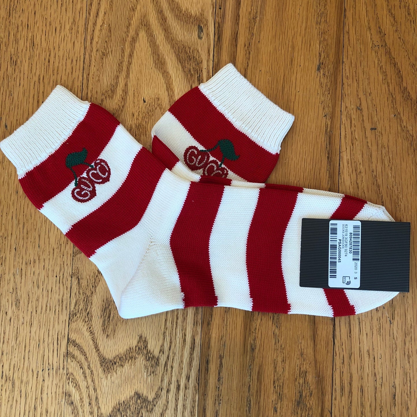 Gucci Red and White Striped Knitted Ankle Socks with Cherries