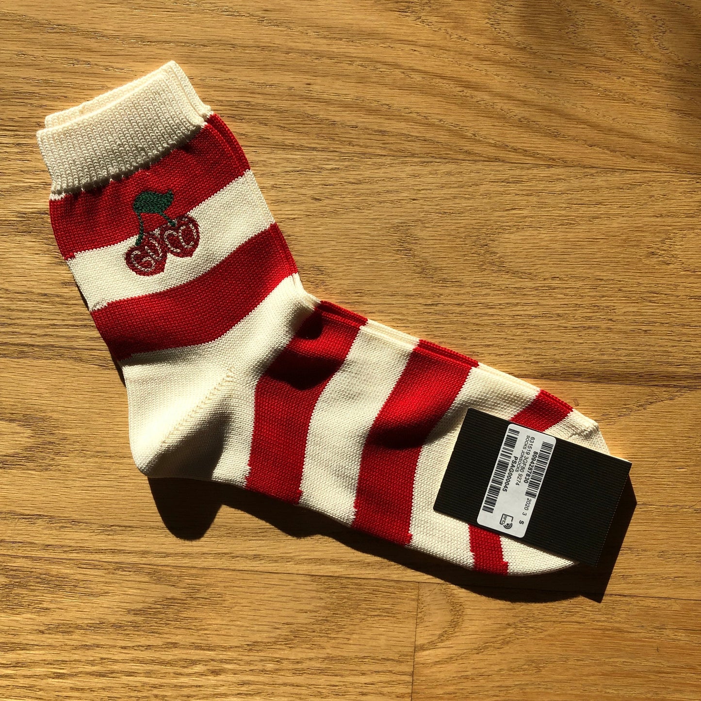 Gucci Red and White Striped Knitted Ankle Socks with Cherries
