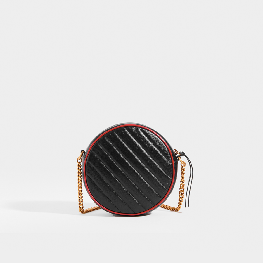 Gucci GG Mini Marmont Round Shoulder Bag in Black with Red Trim
