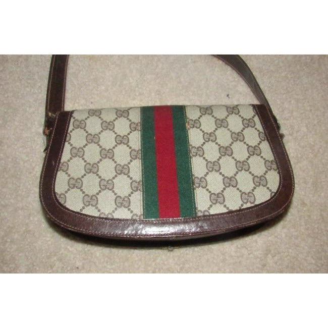 Gucci Horsebit Vintage Line Purses Brown Large G Logo Print Canvas And Brown Leather With A Red And