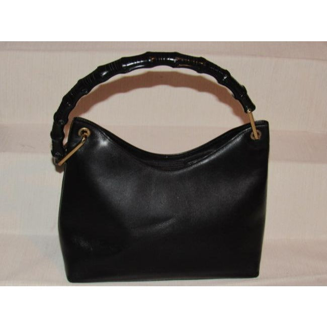Gucci Vintage Pursesdesigner Purses Black Leather With V Top And Bamboo Handle Hobo Bag