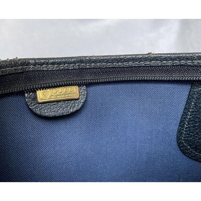 Gucci Navy Guccissima Print Canvas And Leather GG Supreme Tote Bag with Red & Blue Striped Handles