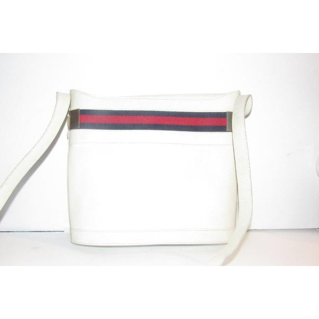 Gucci White Hard Boxy Leather Bucket Bag w red/blue stripe