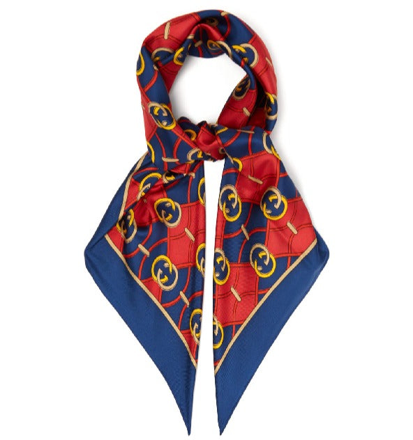 Gucci GG Waves Rhombus Silk Scarf in Navy