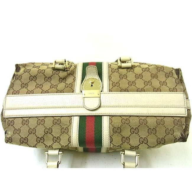 Gucci Vintage Pursesdesigner Purses Brown Large G Print Canvas And White Leather With Red And Green